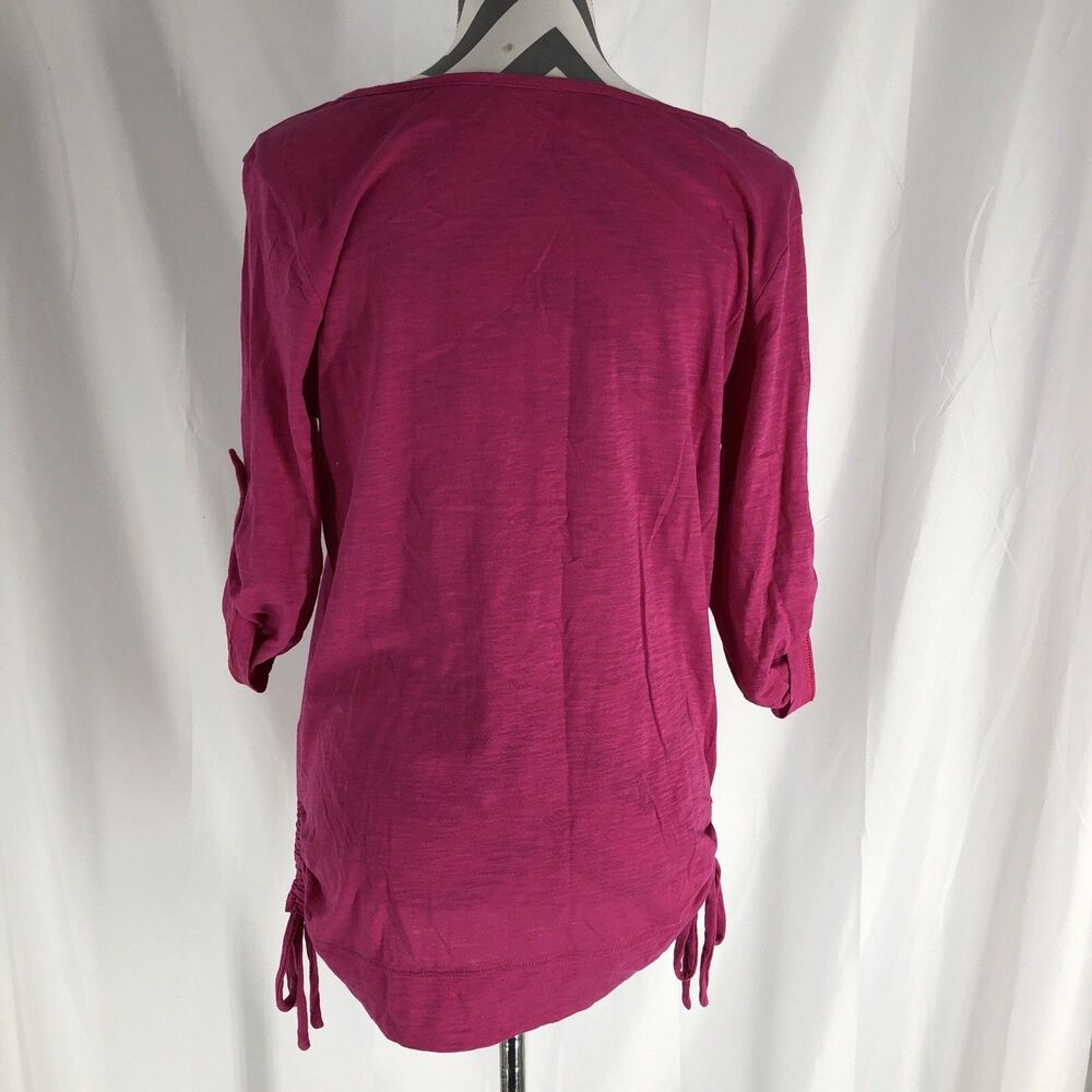 DKNY Floral T-Shirt Sz L Roll Tab Sleeve Cinched Sides Pink - Picture 4 of 6